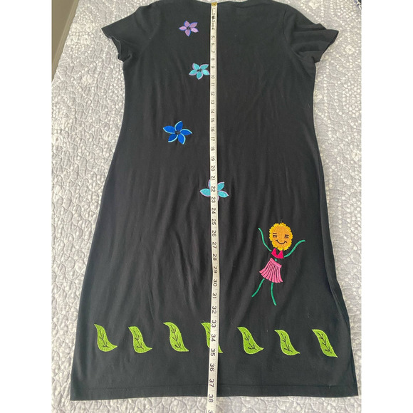 Michael Simon Lite Black Knee Length Dress Rare Embroidered Hula Flowers Medium - Picture 11 of 13